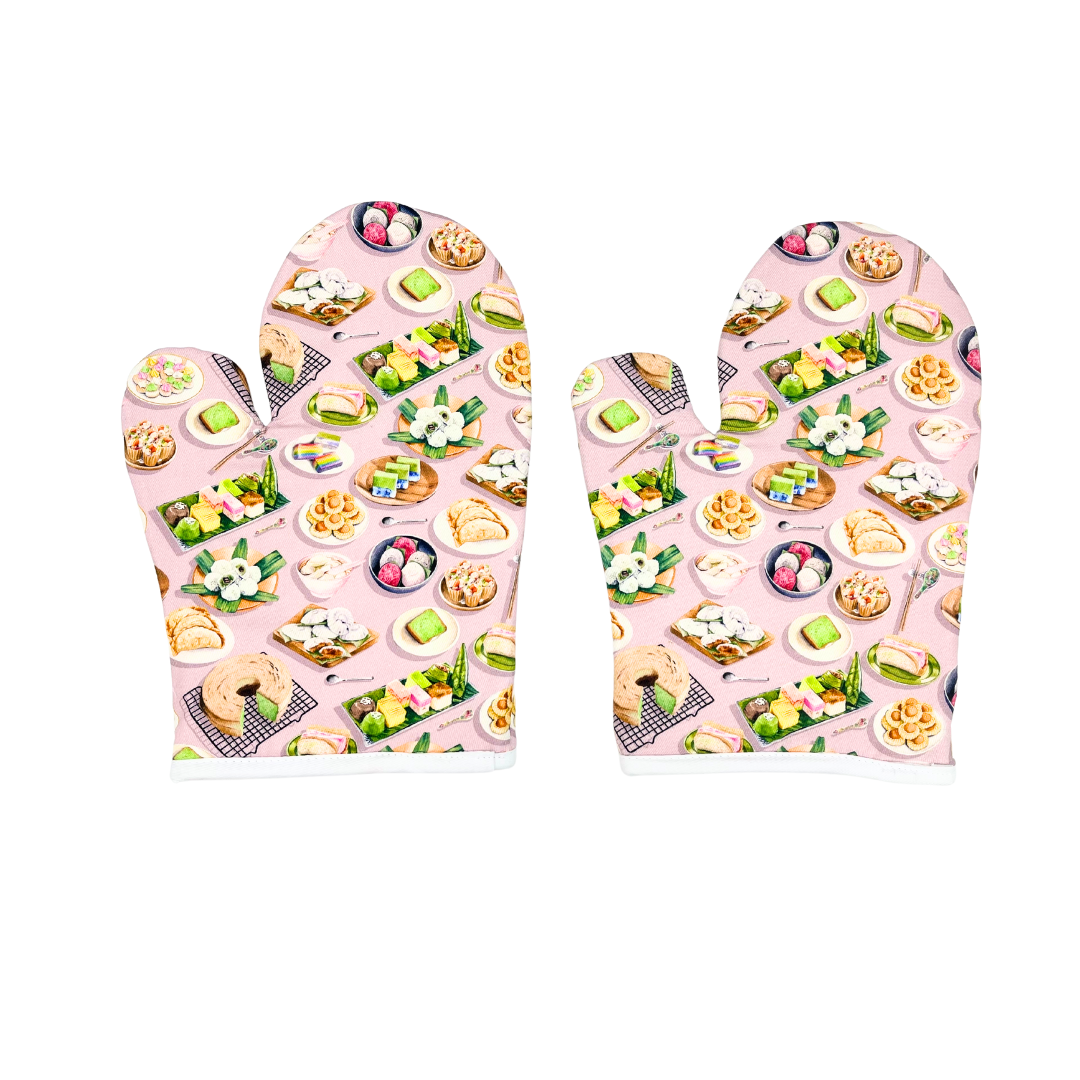 Pink Oven mitts with singapore snacks icons pattern on a white background 