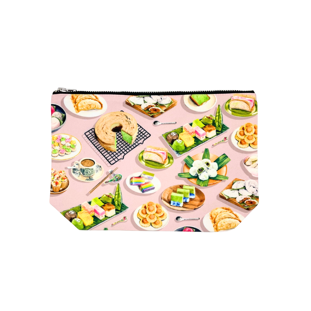 Pouch with singapore signature snacks illustration on a pink background
