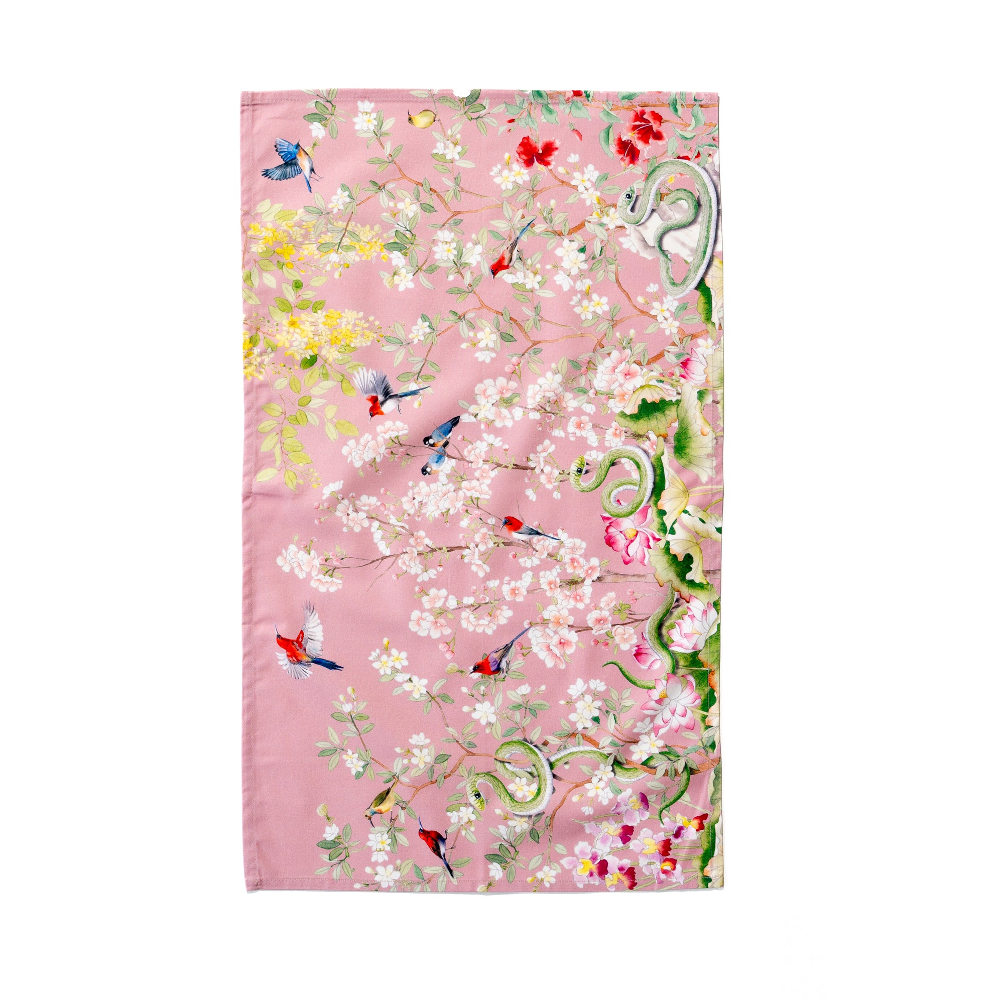 Singlapa pink tea towel with a floral and animal pattern, featuring a snake amidst flowers.