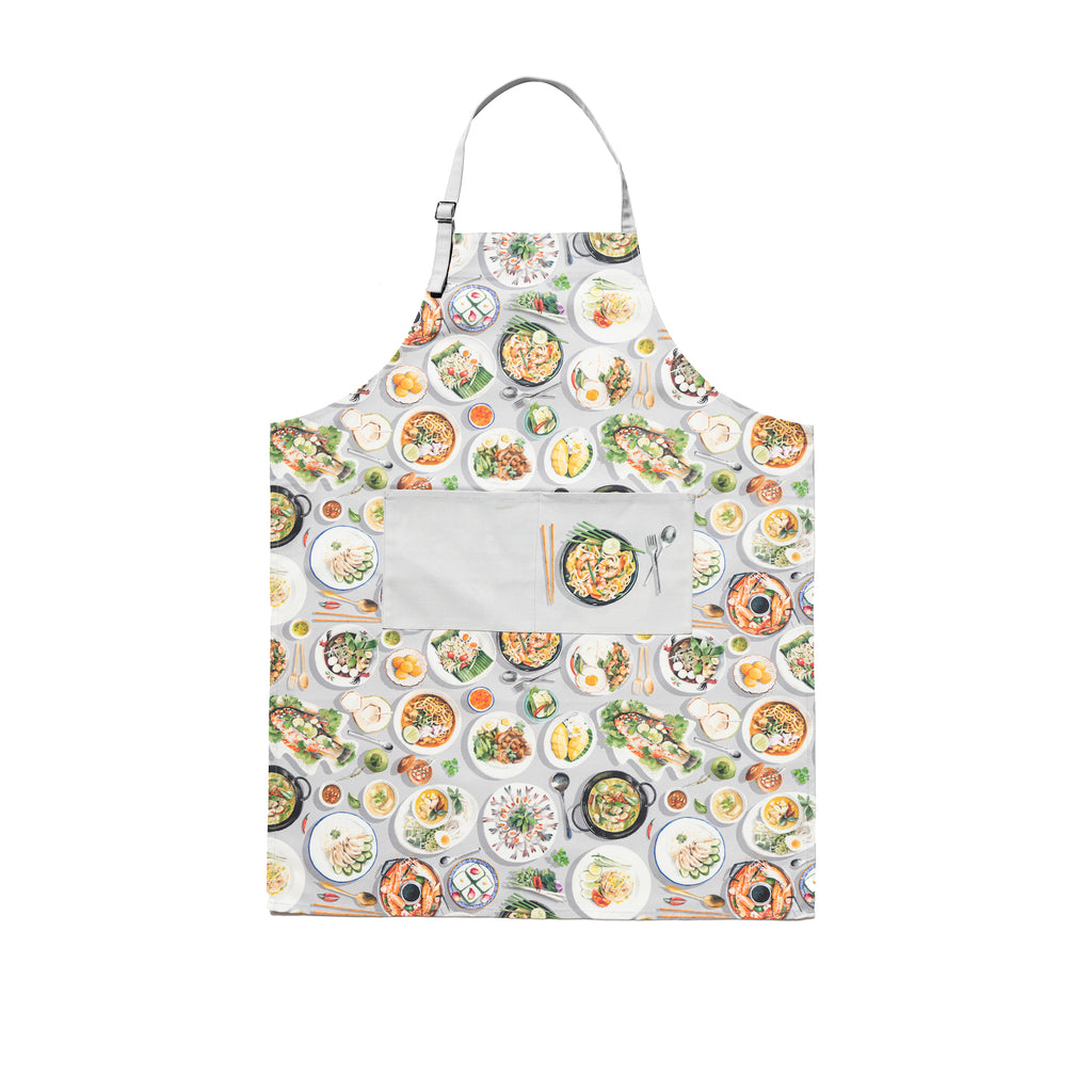 Singlapa multicolored apron with a food-themed pattern, featuring a front pocket and adjustable straps.