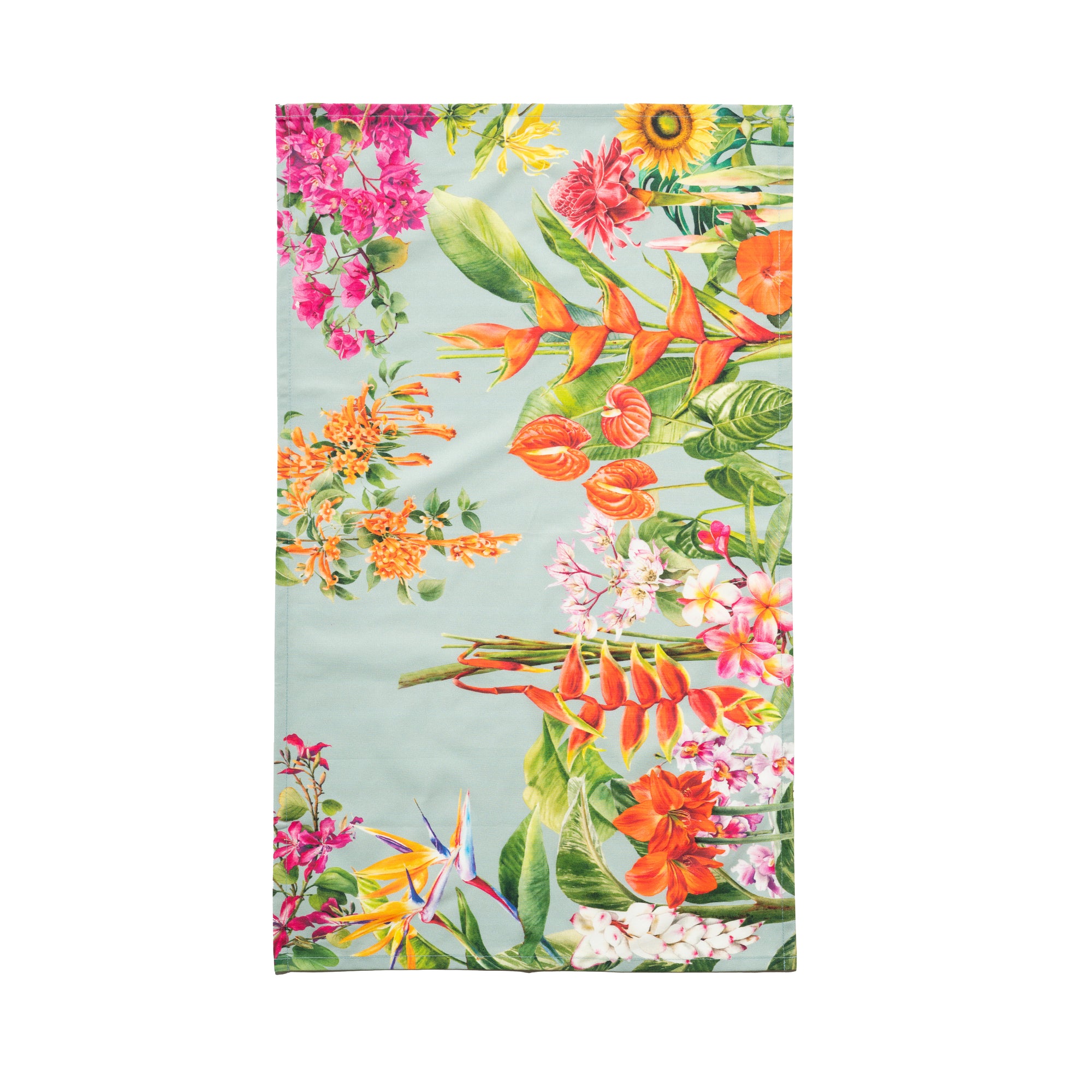 Singlapa tea towel with a vibrant print of tropical flowers in shades of pink, orange, and green on a light background.