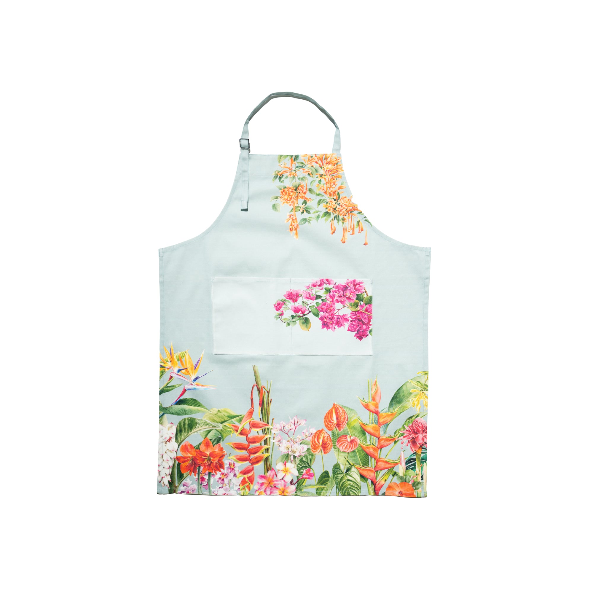 Singlapa apron with a tropical flower design, including various colors and floral patterns.