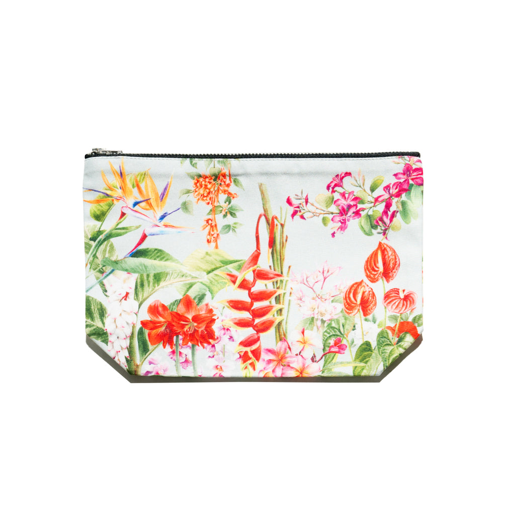Singlapa multicolored pouch with a vibrant tropical flower print, including various shades of pink, red, green, and white.