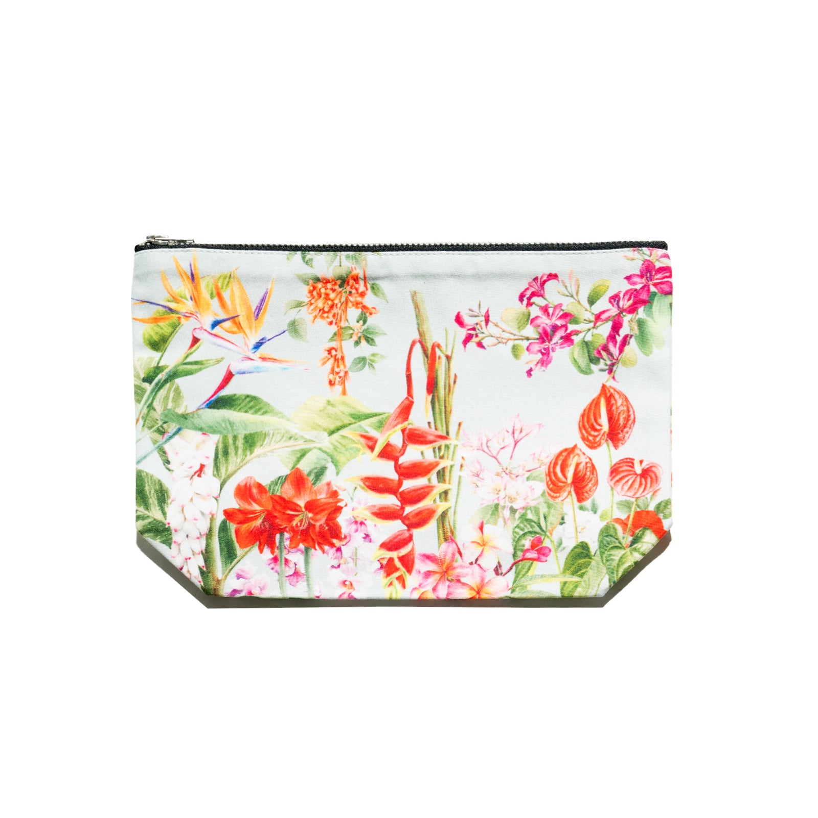 Singlapa multicolored pouch with a vibrant tropical flower print, including various shades of pink, red, green, and white.