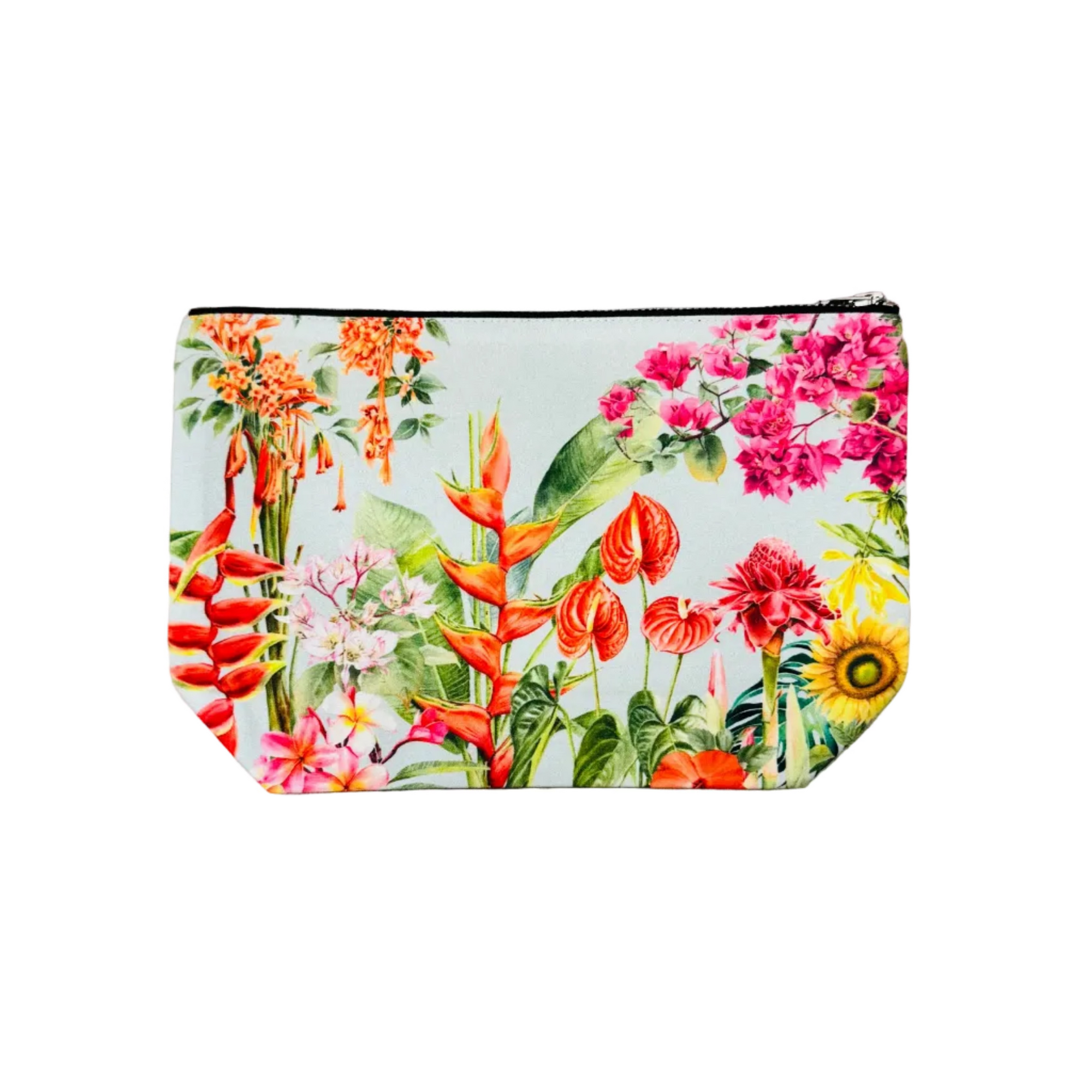 Floral-patterned pouch on a white surface