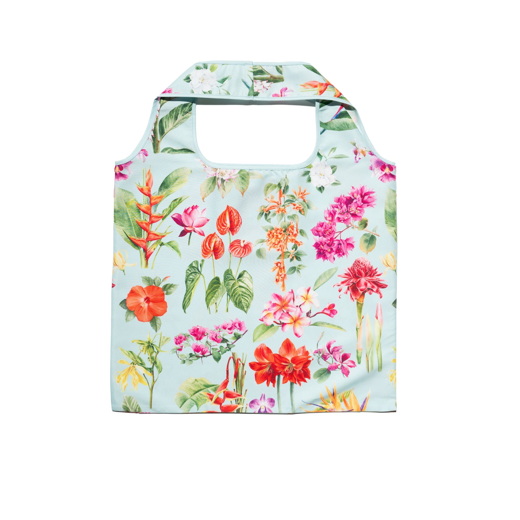Singlapa foldable shopping bag with a tropical flower print, including various colors such as pink, green, and red, on a light blue background.