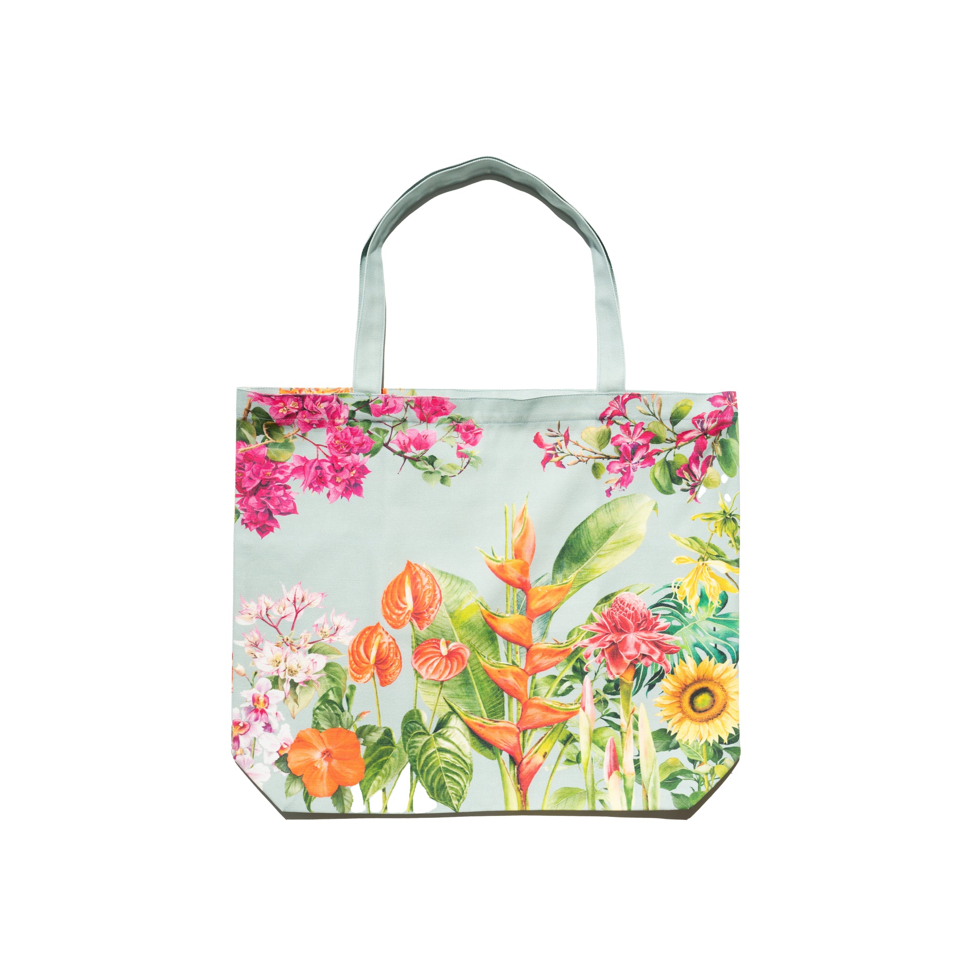 Singlapa foldable tote bag with a vibrant tropical flowers pattern, featuring various colorful flowers and a green background.