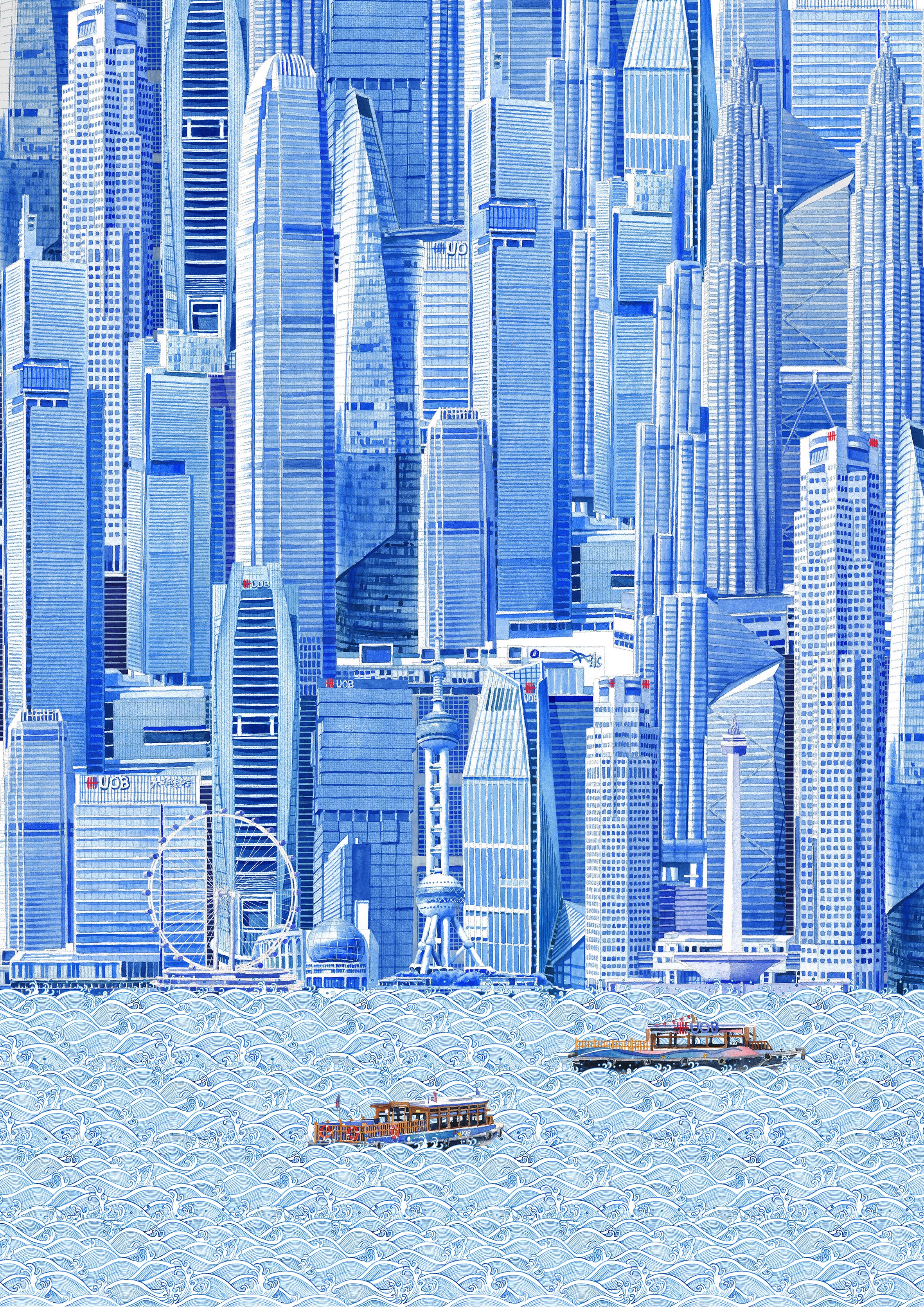 Singapore City skyline with modern skyscrapers and boats on water