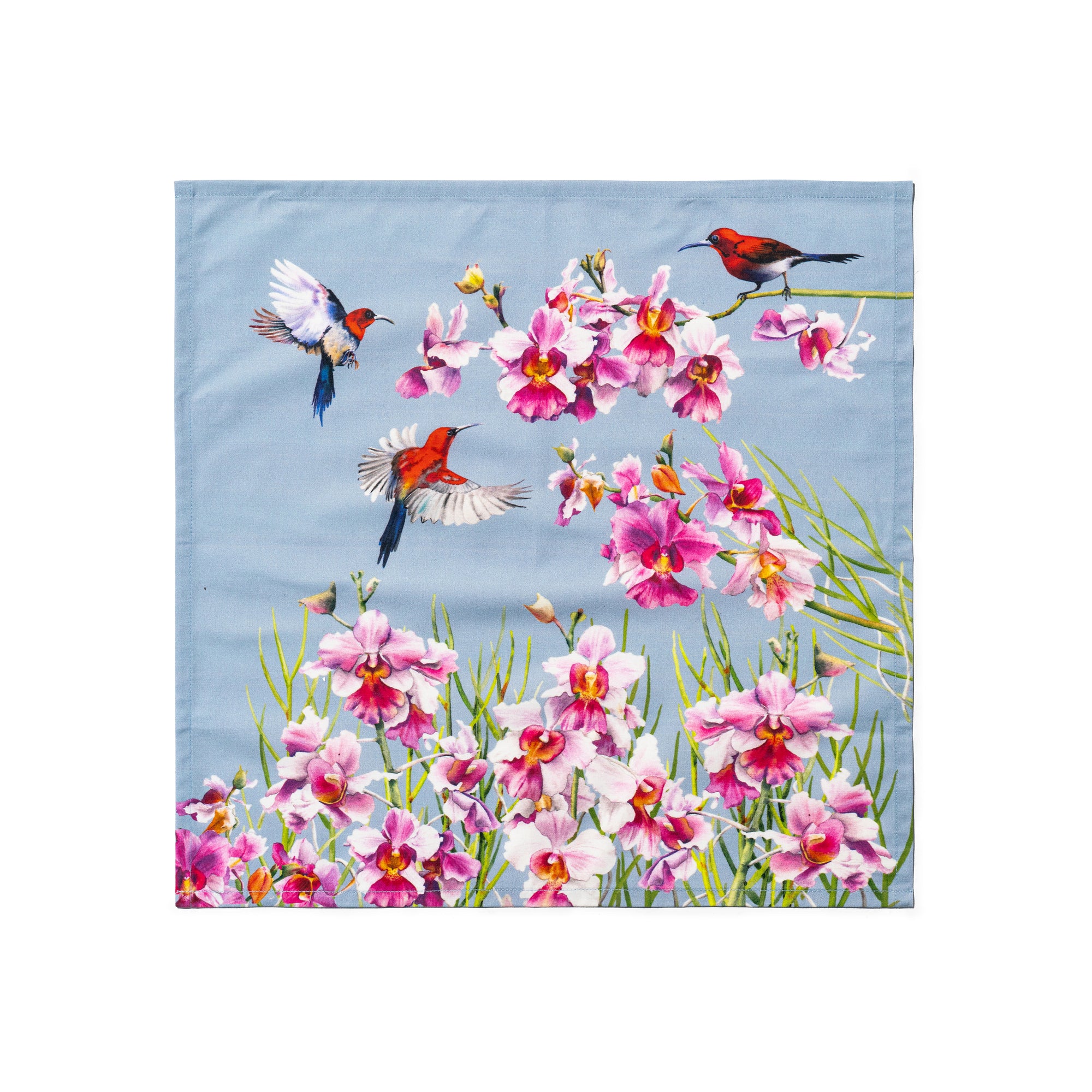 Singlapa napkin with a floral and bird pattern, predominantly pink and blue colors, depicting a scene of two birds flying among flowers.