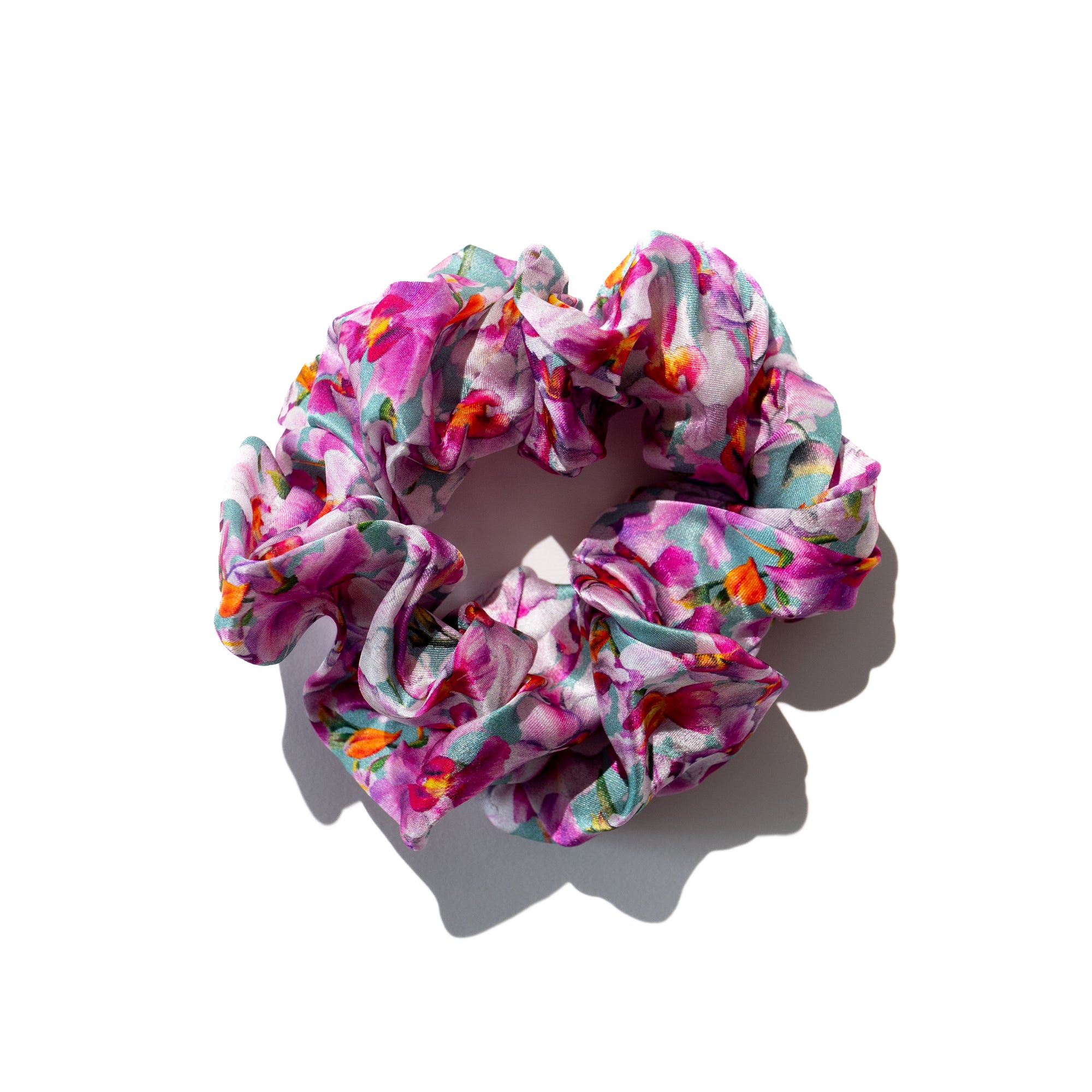 Singlapa multicolored silk scrunchie with a vibrant orchid pattern with birds