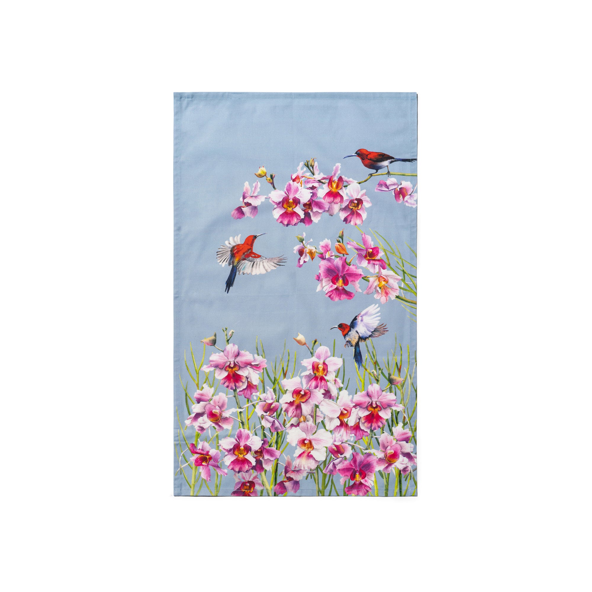 Singlapa tea towel featuring a vibrant hand-painted floral design with orchids and birds on a blue background.