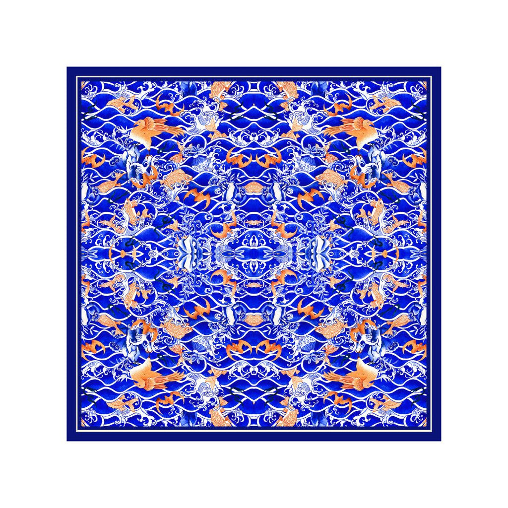 Singlapa blue pocket square with wavy patterns of the sea and orange fishes.