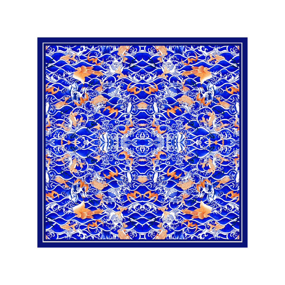 Singlapa blue pocket square with wavy patterns of the sea and orange fishes.