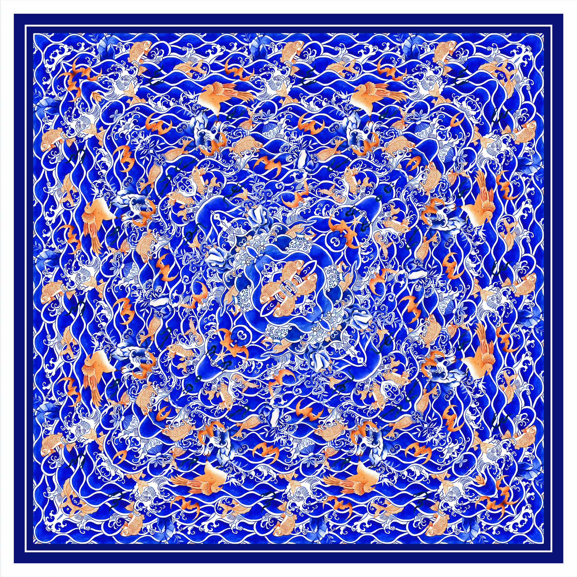 Decorative scarf with a blue wave and orange fish pattern on a white background
