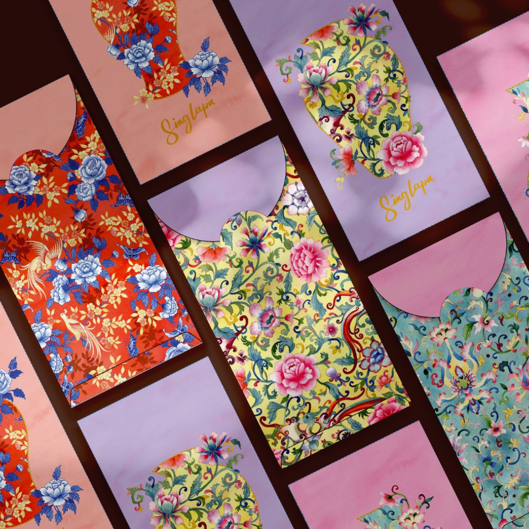 Flat shot of Singlapa's hand-painted ang bao packet designs from Singapore