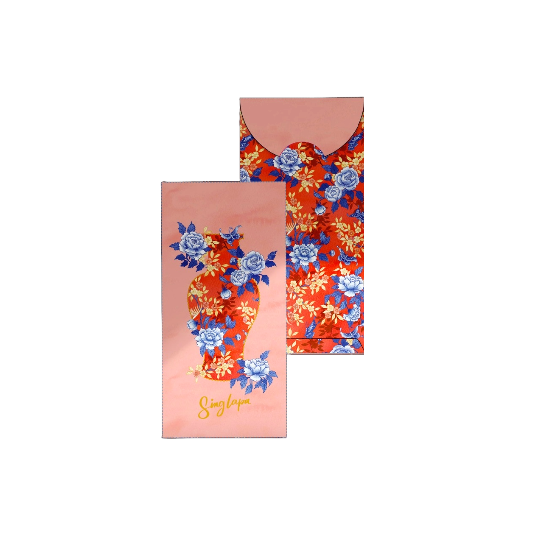 Birds and butterfly ang bao packet in soft pink, featuring hand-painted Chinese botanical designs by Singlapa