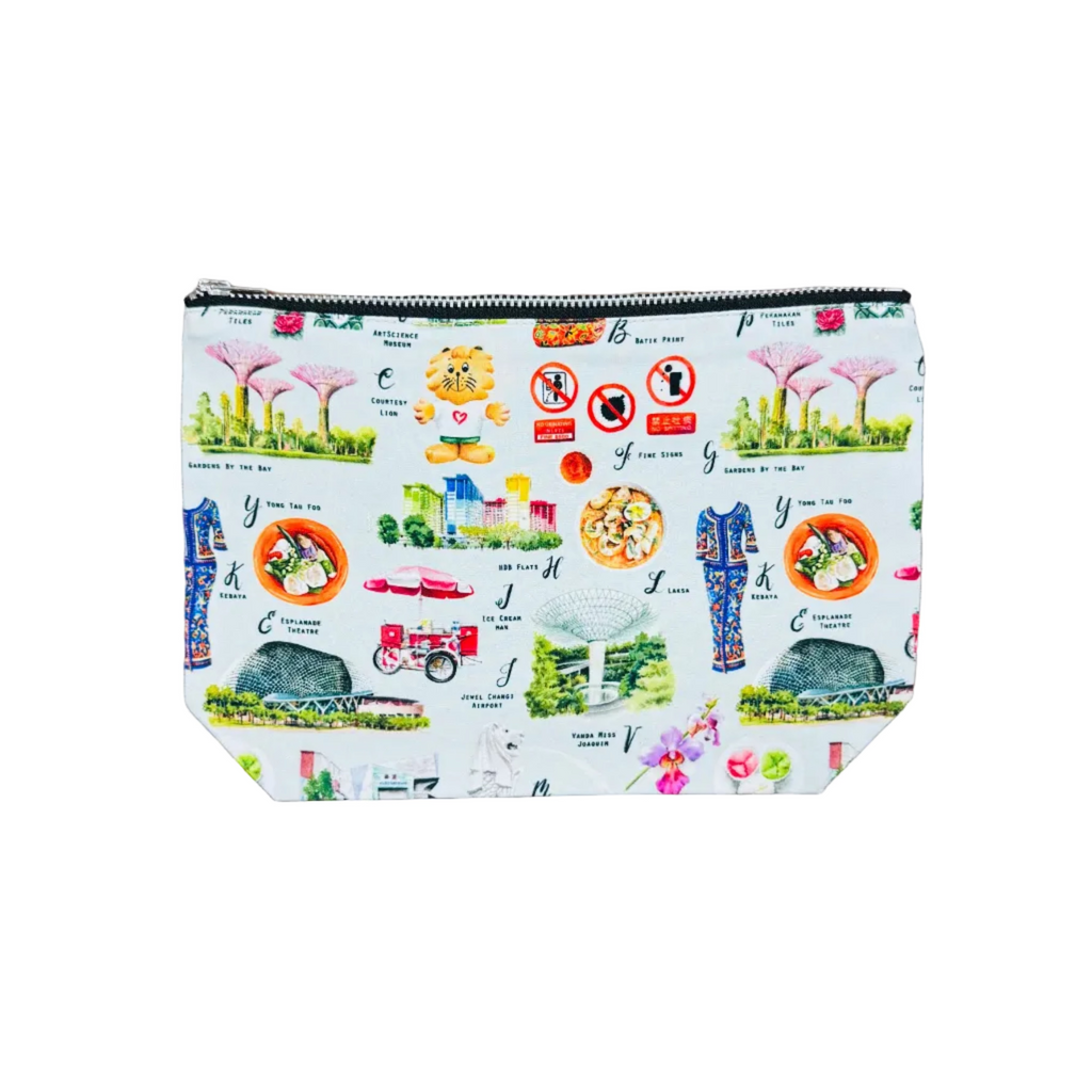 Pouch with colorful design of singapore icons on a white surface