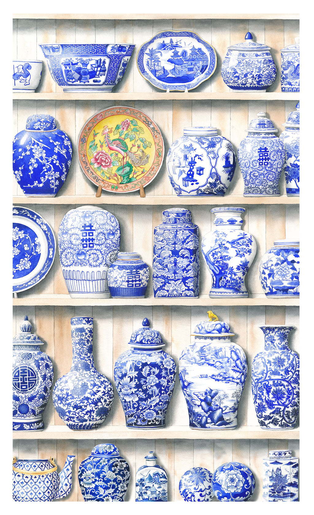 Chinese Porcelain on Shelves Tea Towel