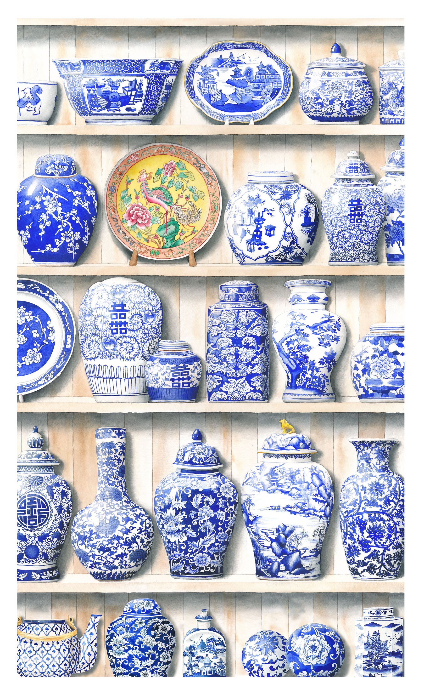 Chinese Porcelain on Shelves Tea Towel
