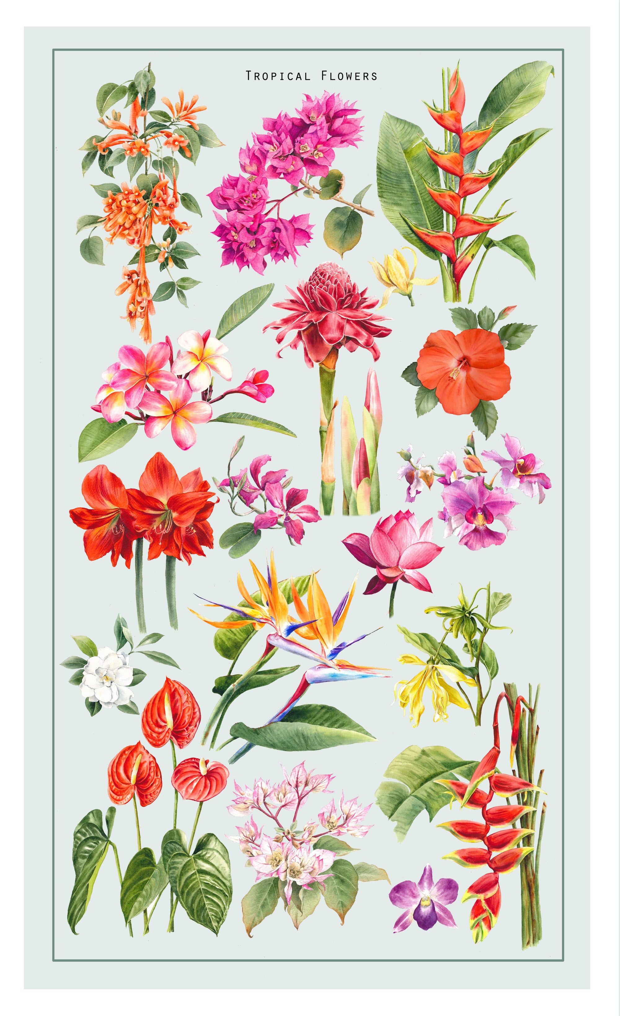 Tropical Flowers Vertical Tea Towel