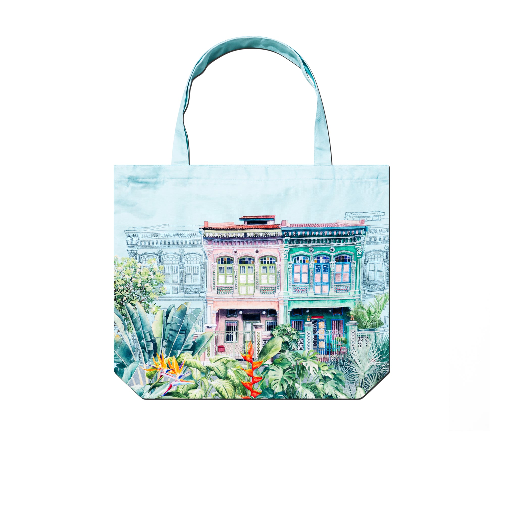 Tote bag with colourful peranakan shophouse and plant design on a blue background