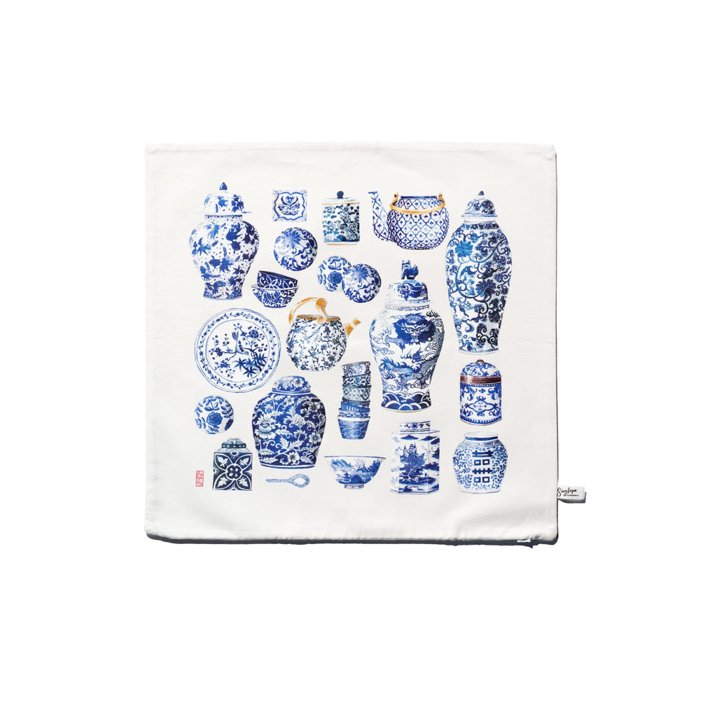 Singlapa cushion cover with a variety of blue porcelain vases, including various shapes and patterns, displayed against a white background.