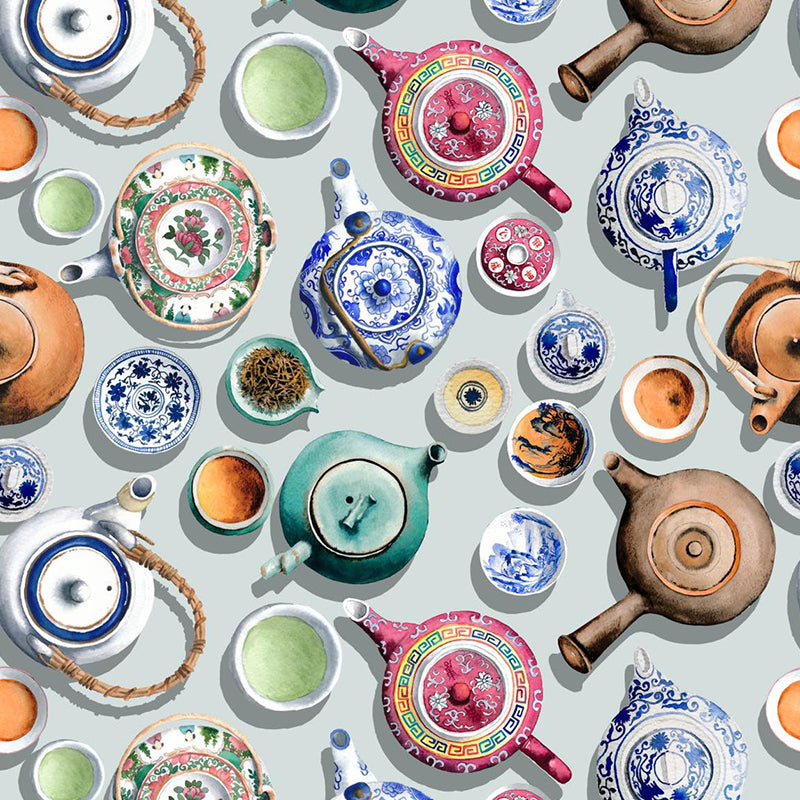 Print of Blue porcelain design with peranakan teapots and teacups