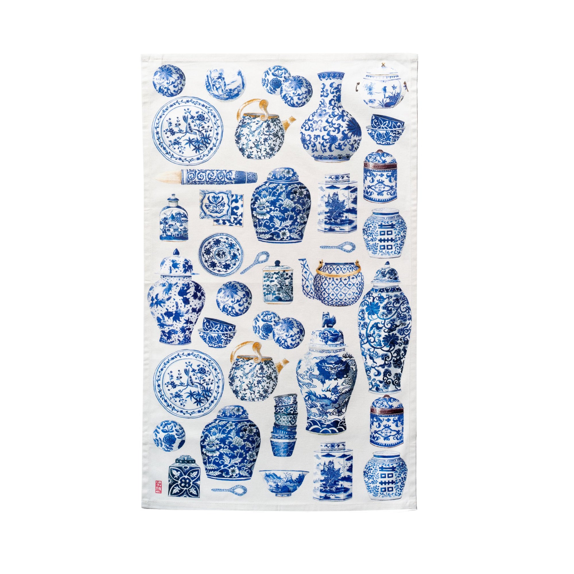 Singlapa tea towel with a blue and white porcelain pattern inspired by traditional Chinese designs.