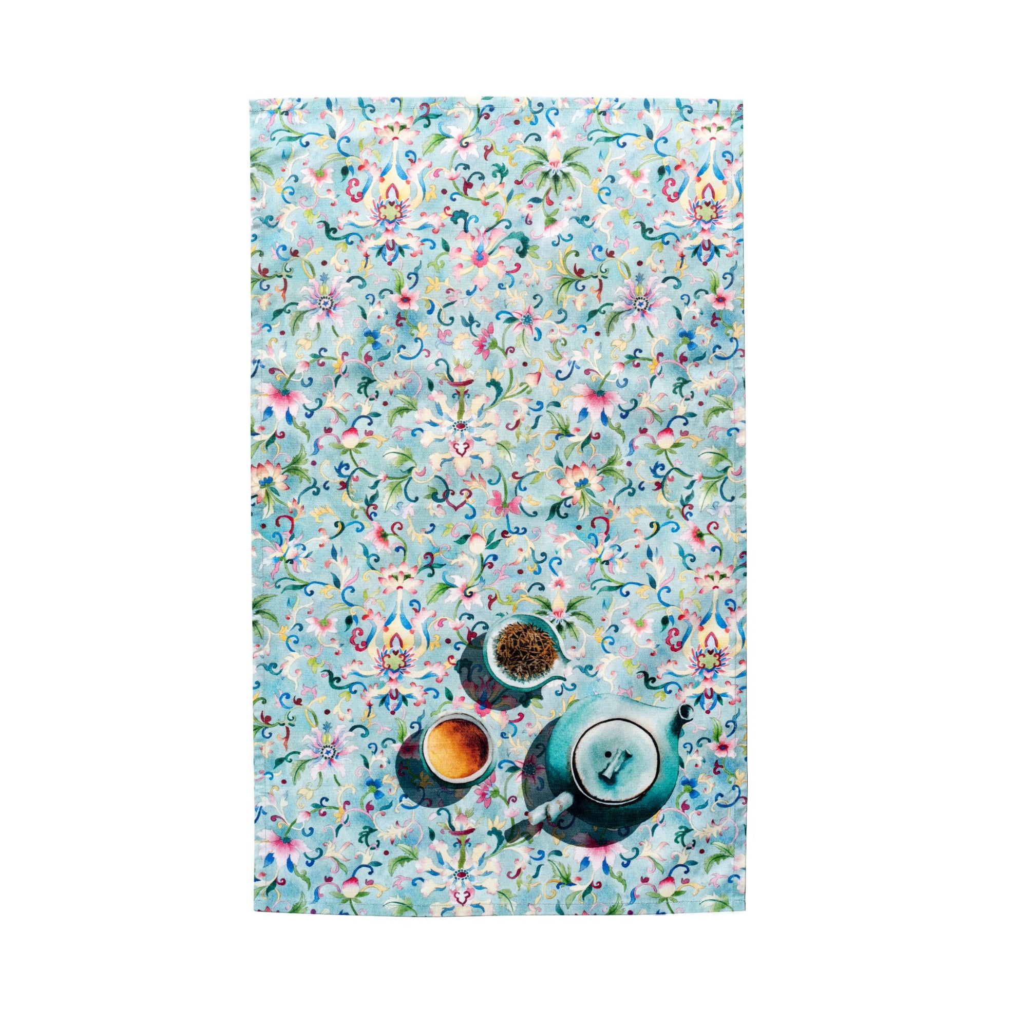 Singlapa floral tea towel with a light teal background and a hand-drawn floral pattern in shades of red, pink, and green, featuring a blue Yixing tea pot at the bottom.