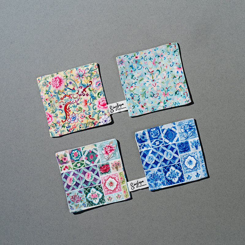 Display of coasters from Singlapa, chinese floral and peranakan tiles.