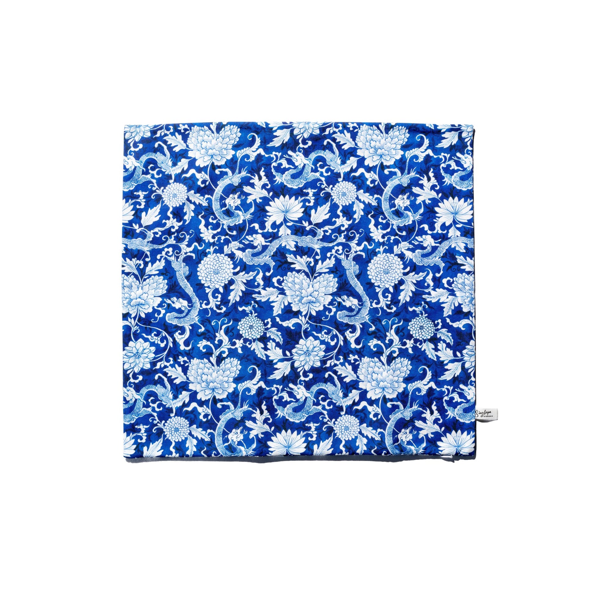 Singlapa cushion cover with a blue background and a golden dragon pattern.