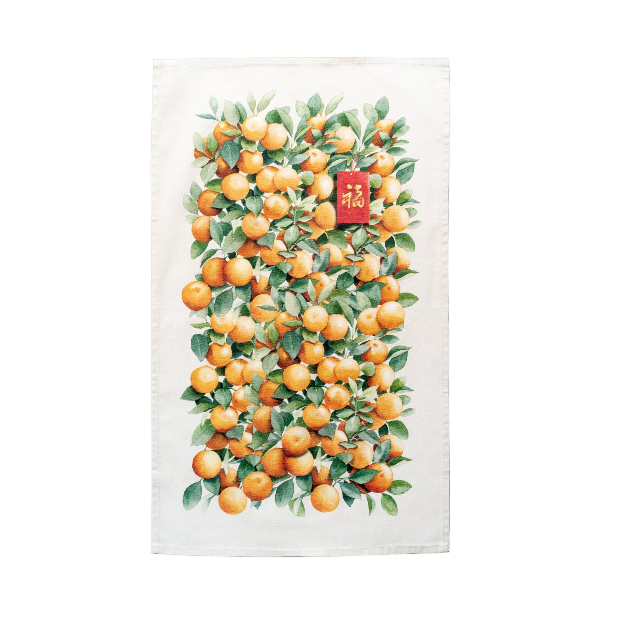 Singlapa tea towel featuring a vibrant print of an orange tree with green leaves and orange fruit, and a red decorative packet with a Chinese character.