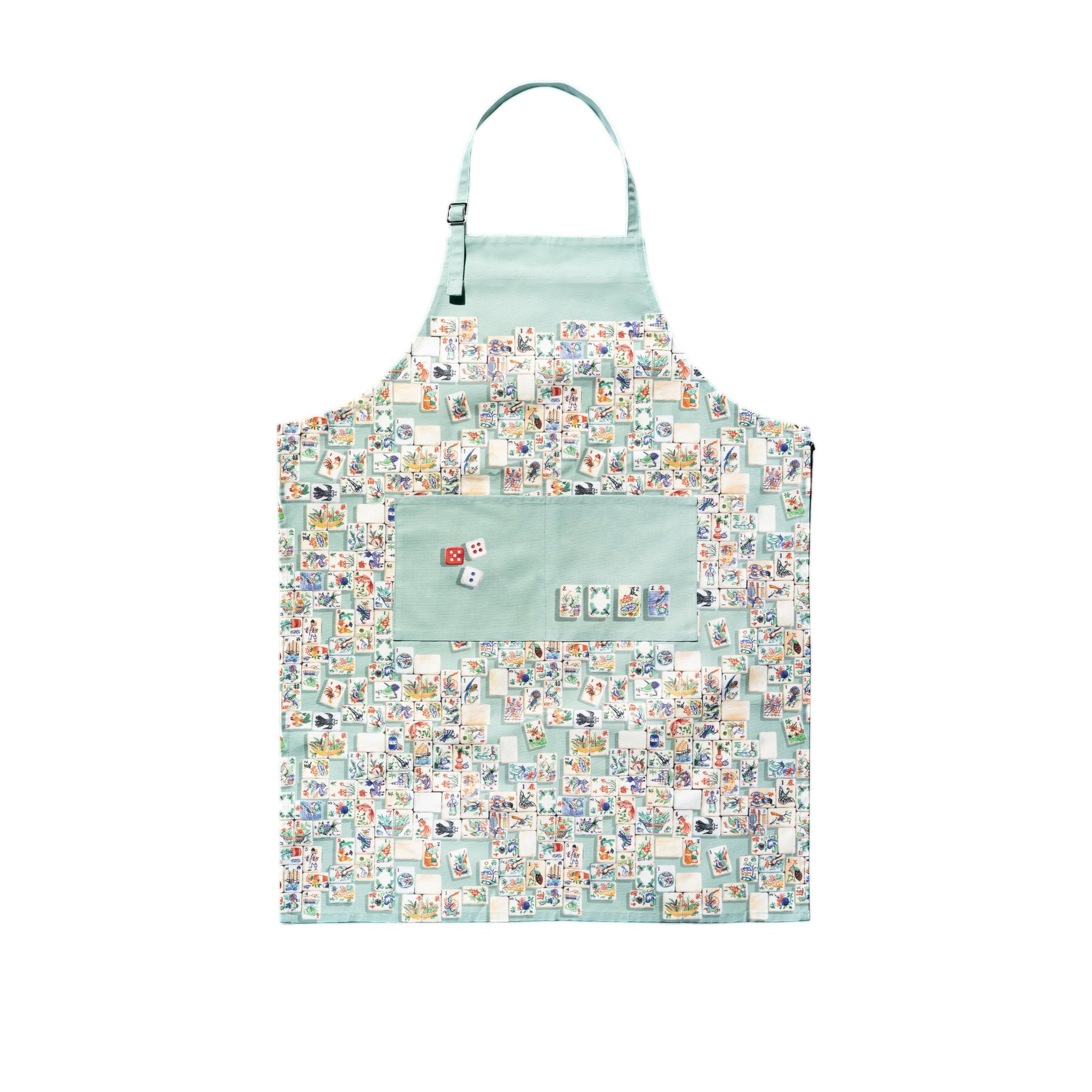 A apron with a multicolored floral and geometric pattern of mahjong tiles, featuring front pockets and an adjustable neck string.