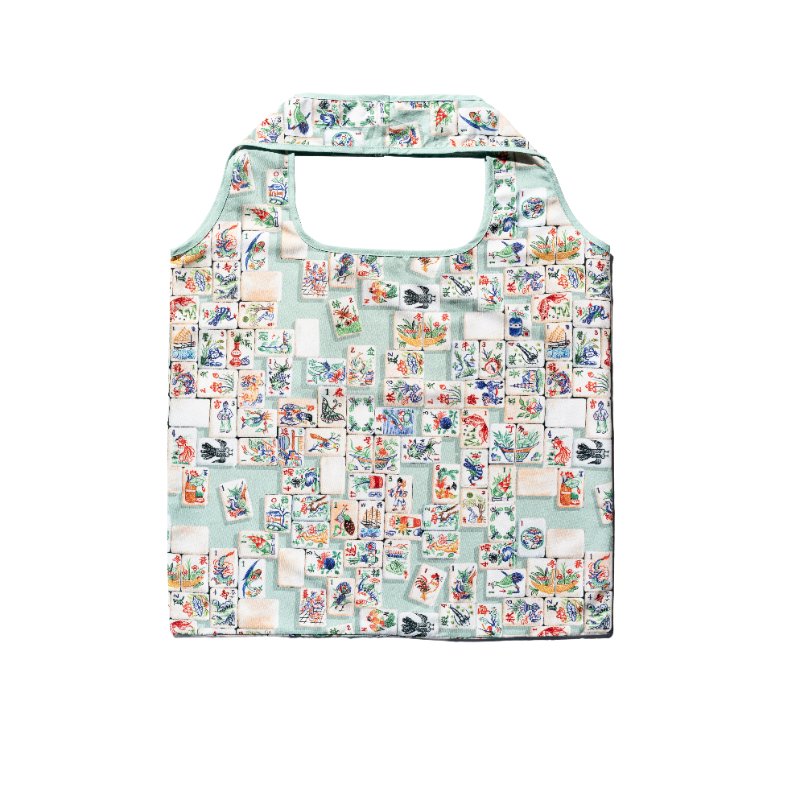 Singlapa foldable shopping bag with a multicolored pattern of mahjong tiles on a light background.