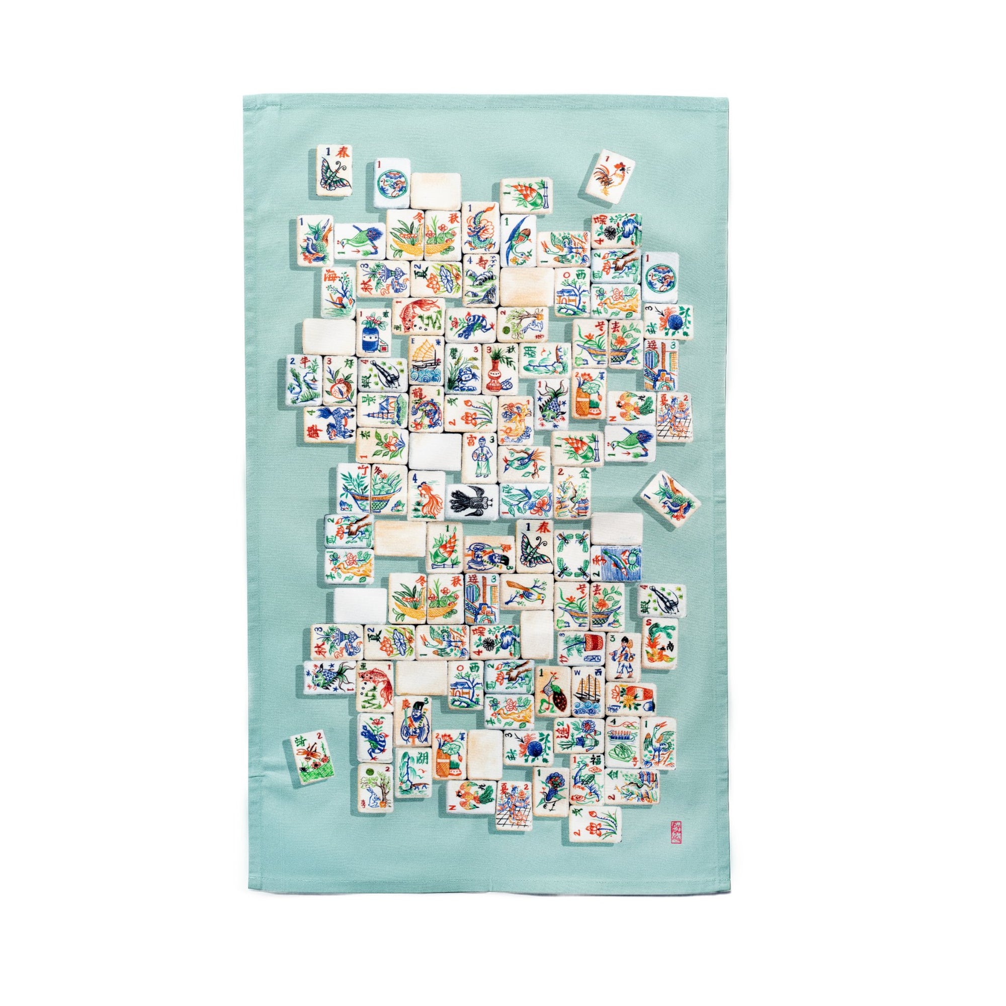 Singlapa tea towel featuring classic Mahjong tiles stacked on a blue teal background 