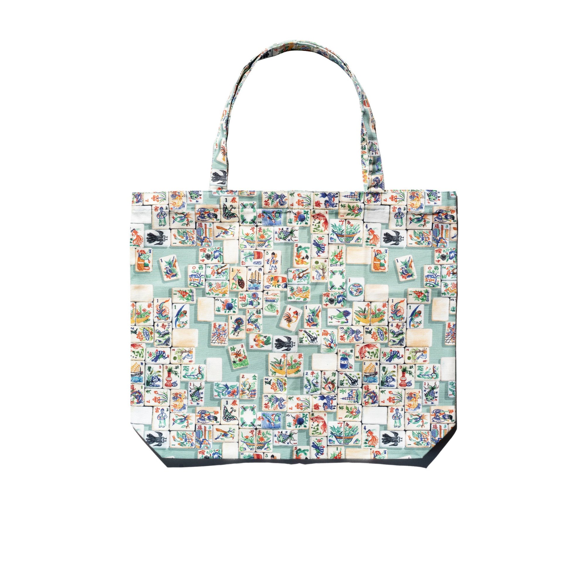 Singlapa multicolored cotton tote bag with a Mahjong-inspired design, featuring Chinese characters and patterns.