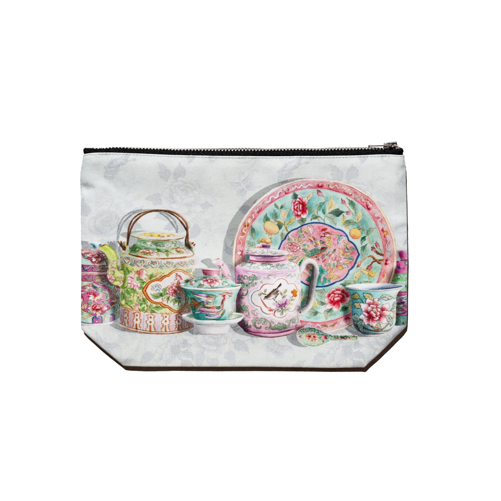 Singlapa multicolored pouch with an intricate floral and ceramic pattern design, featuring a secure zipper closure.