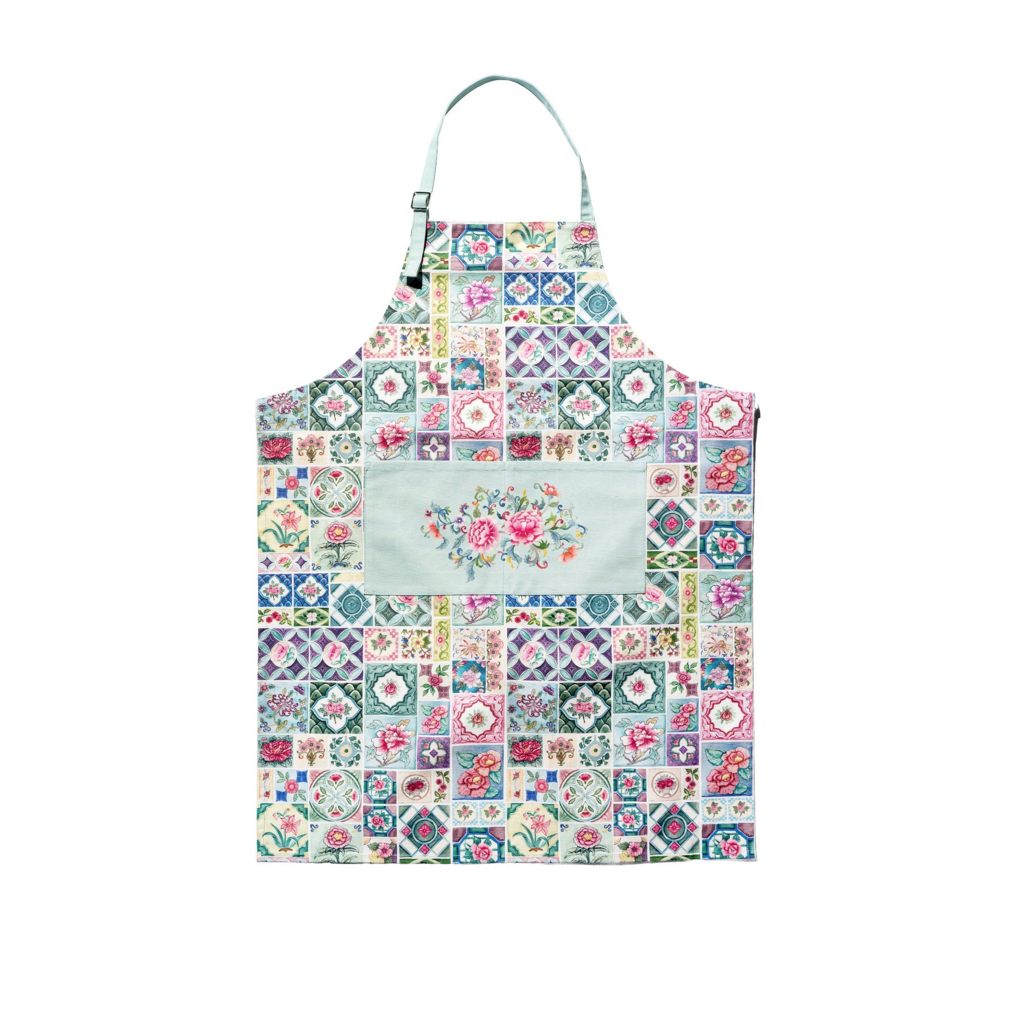 Singlapa apron with tiles and flower design and front dual pockets and adjustable neck strap