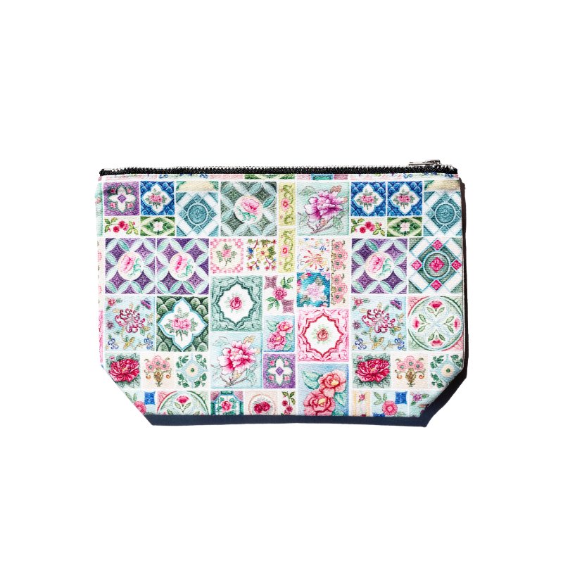 Singlapa multicolored pouch with an intricate Peranakan tile design, featuring a variety of geometric and floral patterns.