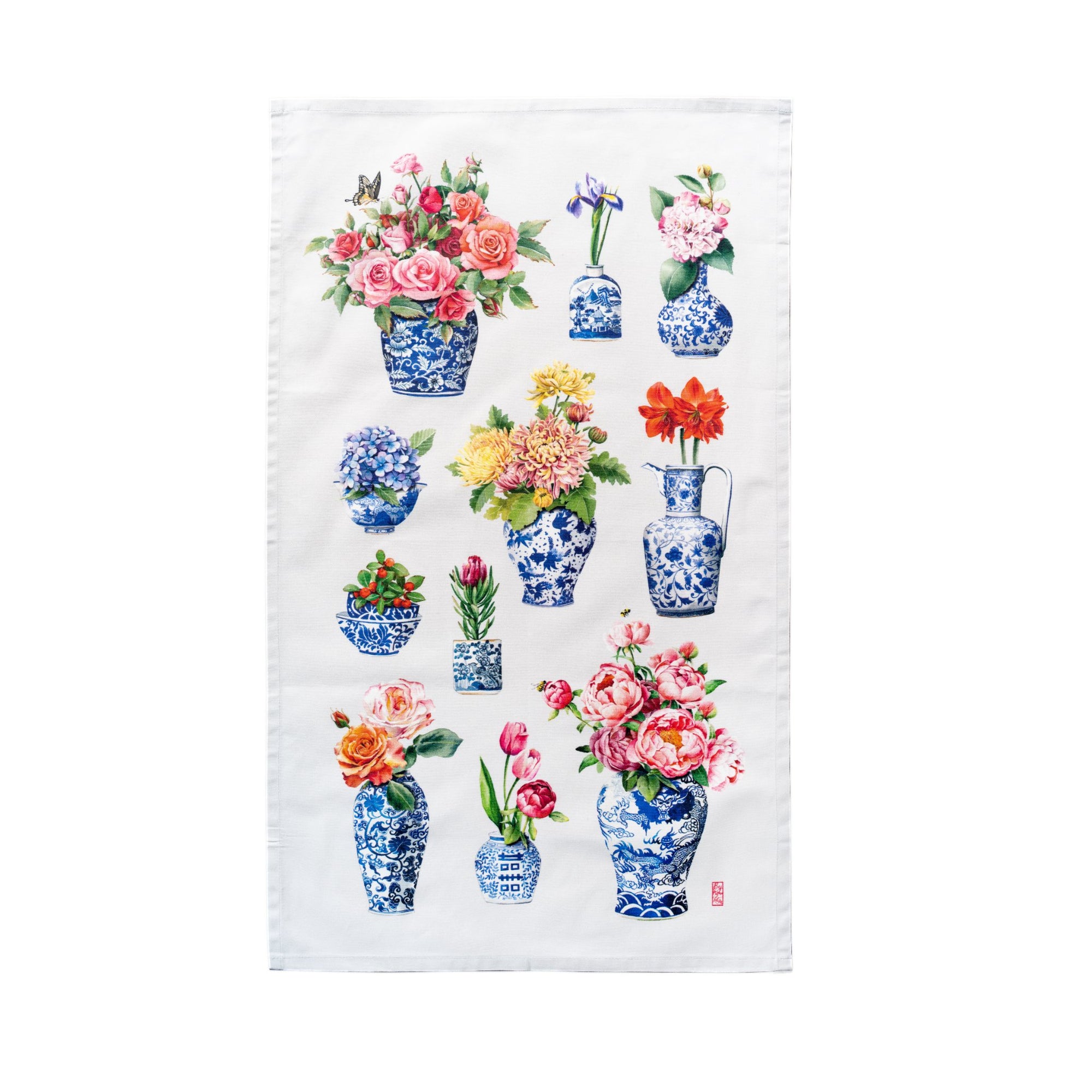 Singlapa white tea towel with a printed pattern of various porcelain vases, blue and pink floral designs.