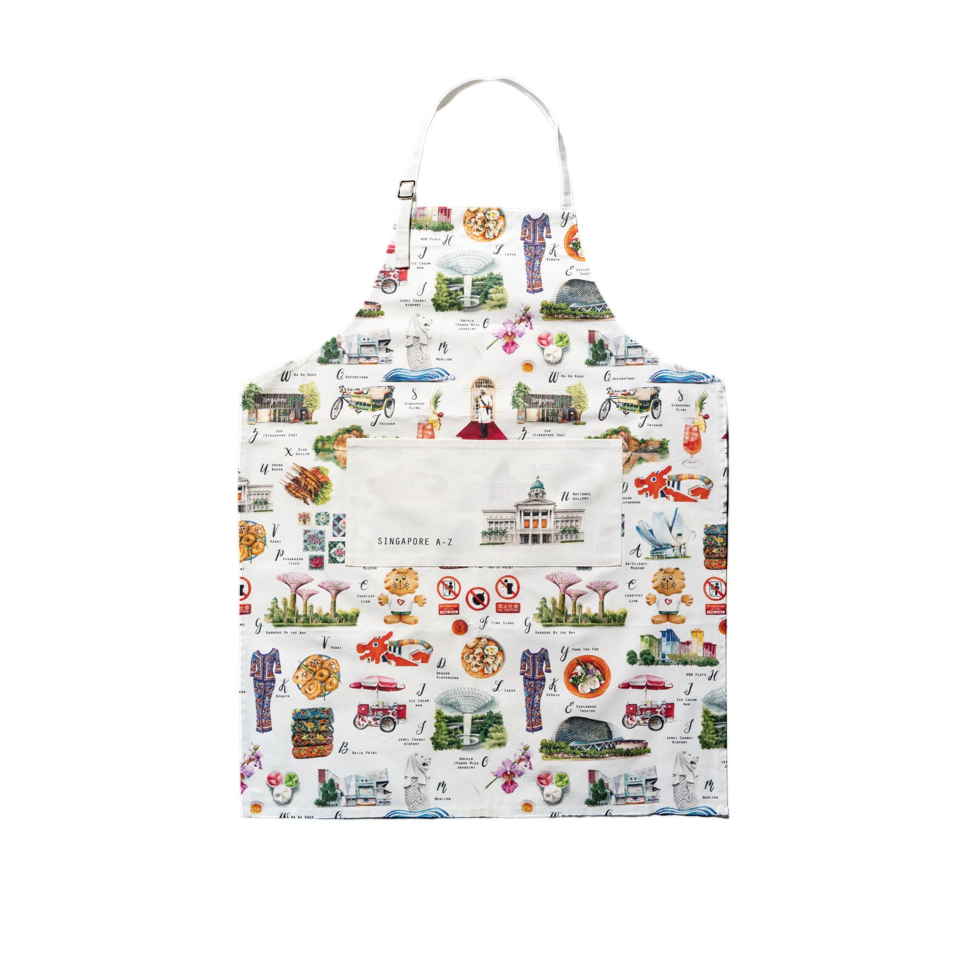 Singlapa multicolored apron featuring a hand-painted watercolor design with various icons and landmarks from Singapore.