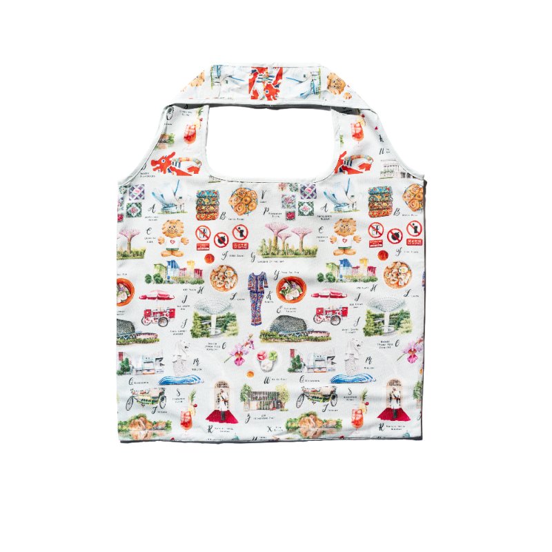 Singlapa white foldable shopping bag with a colorful printed pattern featuring various Singapore-related icons and symbols.