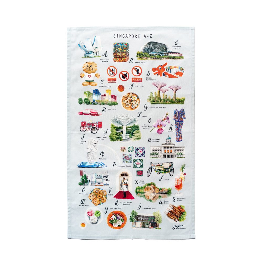 Singlapa white tea towel with various colorful hand-drawn illustrations that represent Singaporean icons and culture, such as a lion, orchids, and rickshaw.