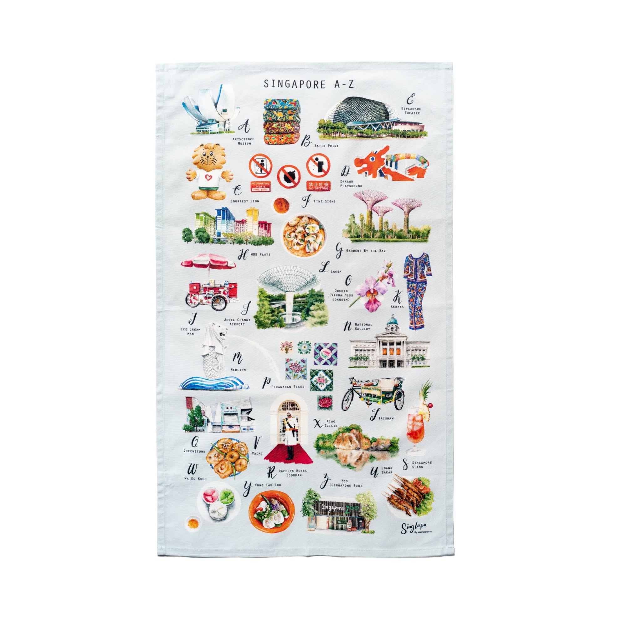 Singlapa white tea towel with various colorful hand-drawn illustrations that represent Singaporean icons and culture, such as a lion, orchids, and rickshaw.