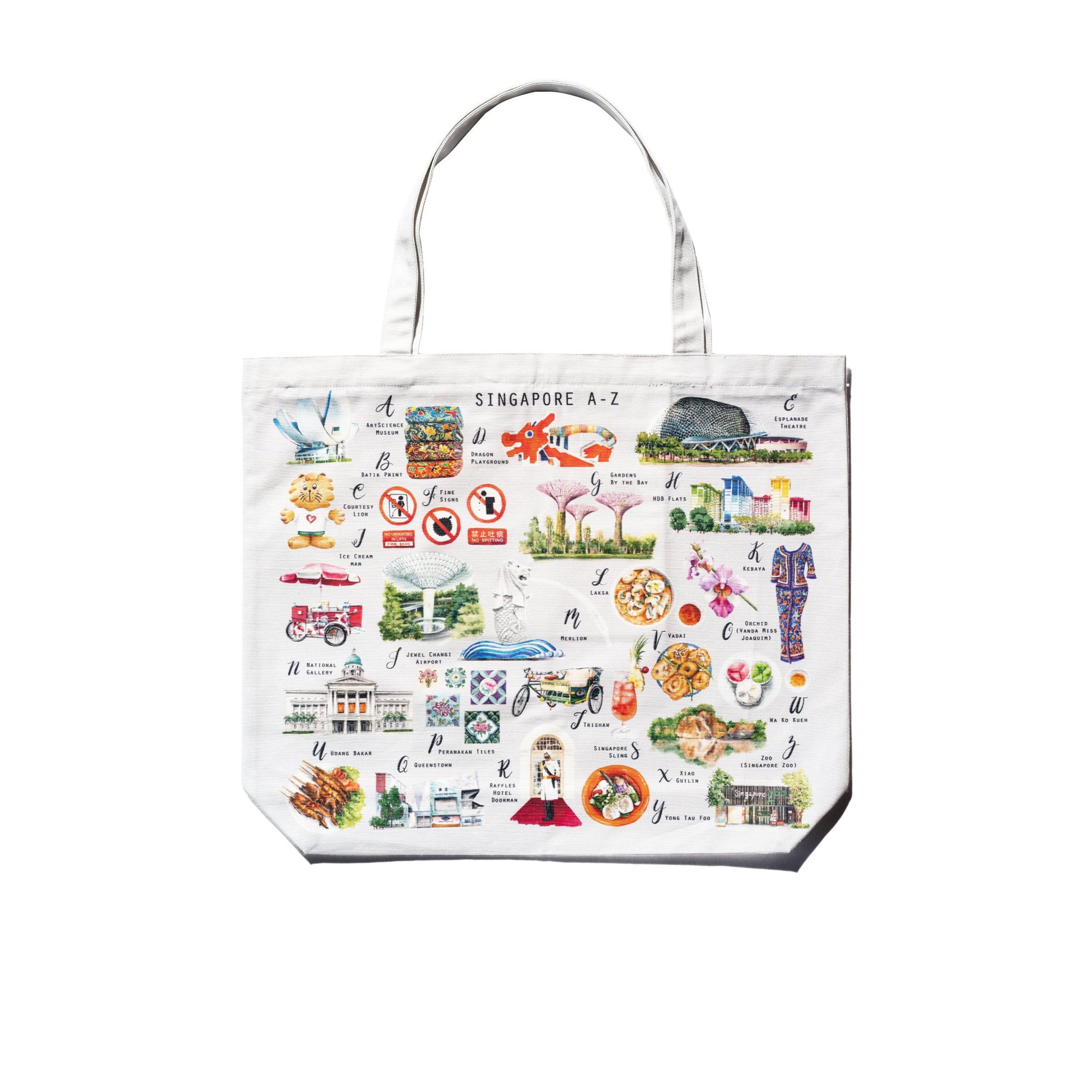 Singlapa white cotton tote bag featuring a colorful A-Z design with various Singaporean motifs.