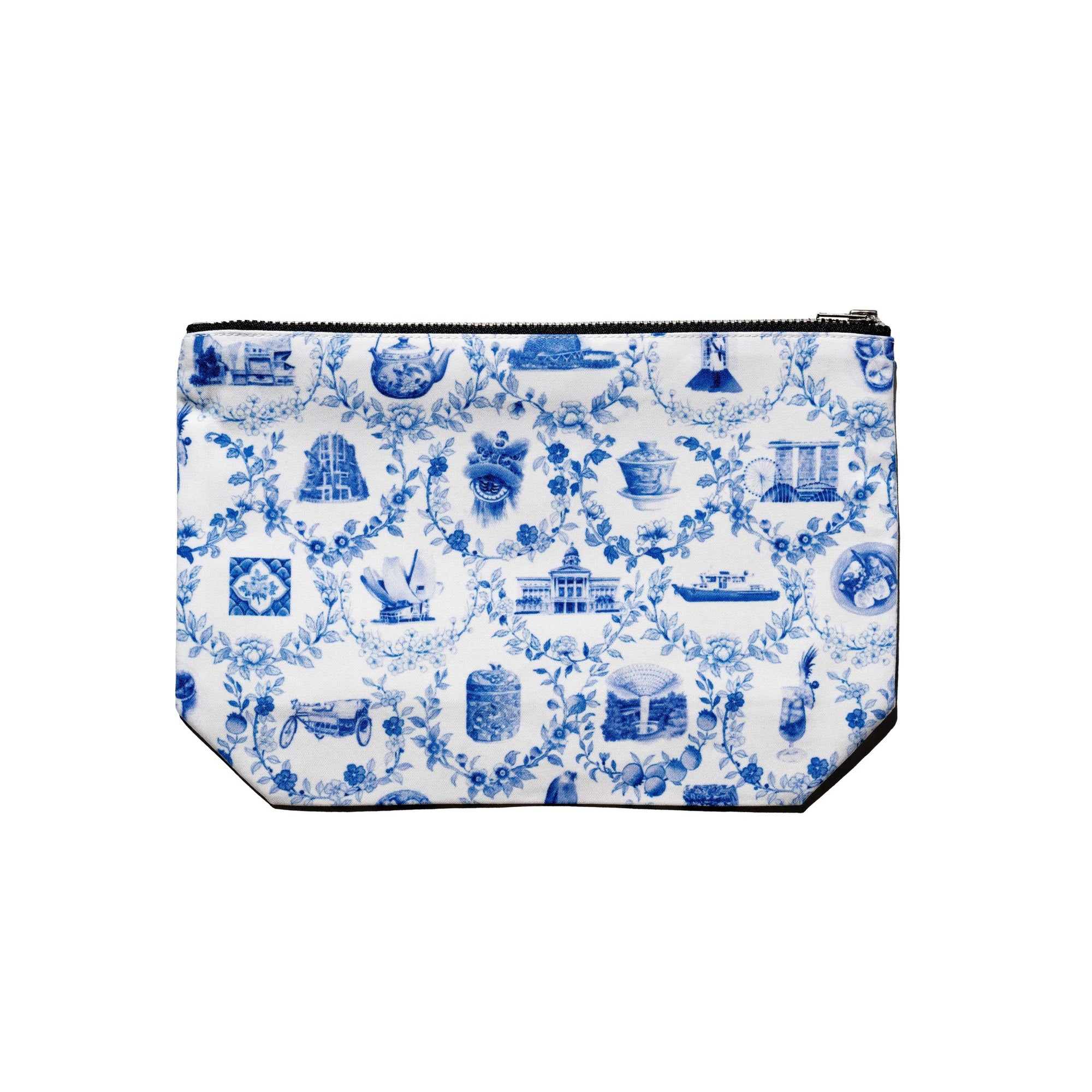 Singlapa blue and white fabric pouch with hand-drawn Singaporean symbols such as the Merlion, orchid, and rickshaw.