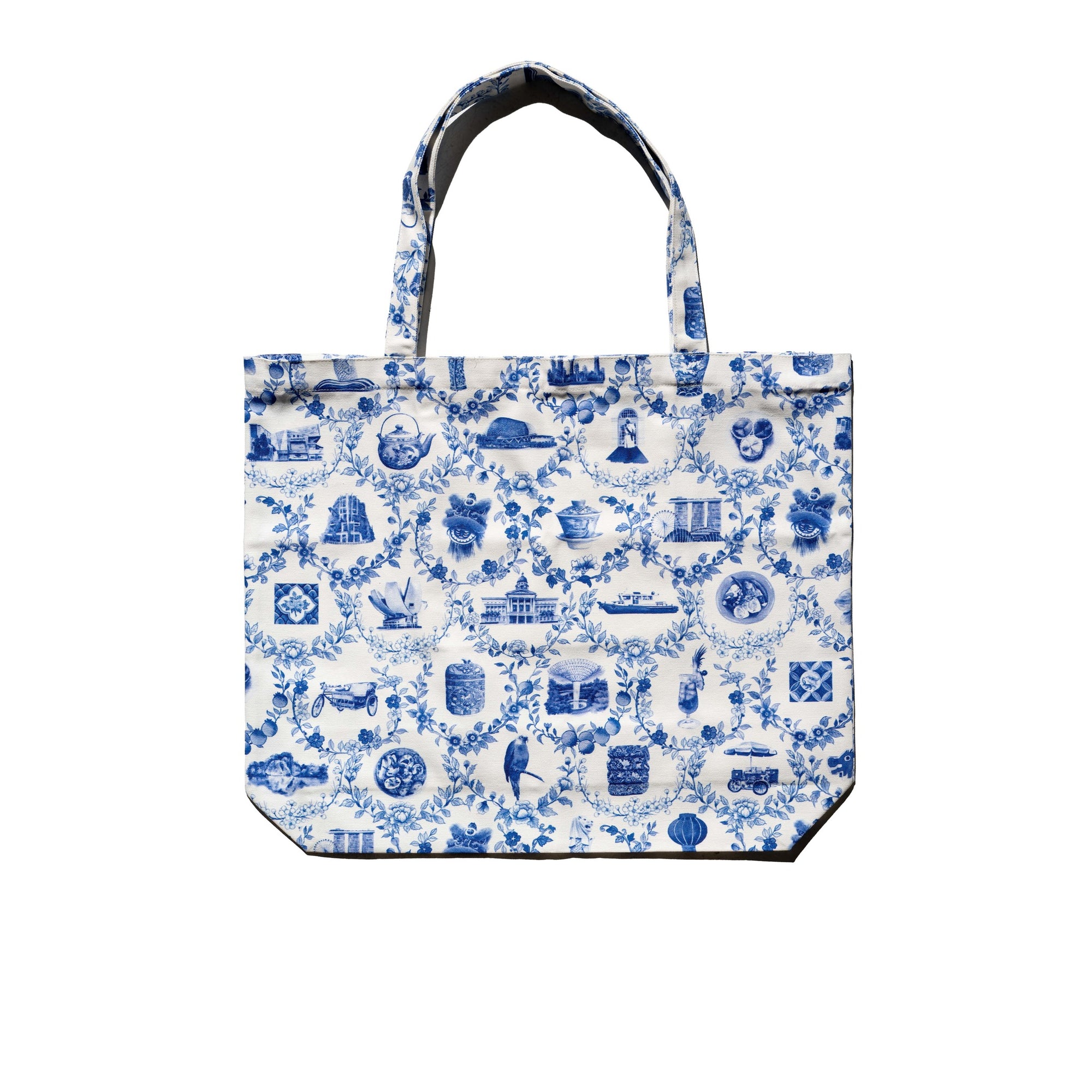 Singlapa blue and white tote bag with a printed pattern featuring various Singaporean icons and symbols.