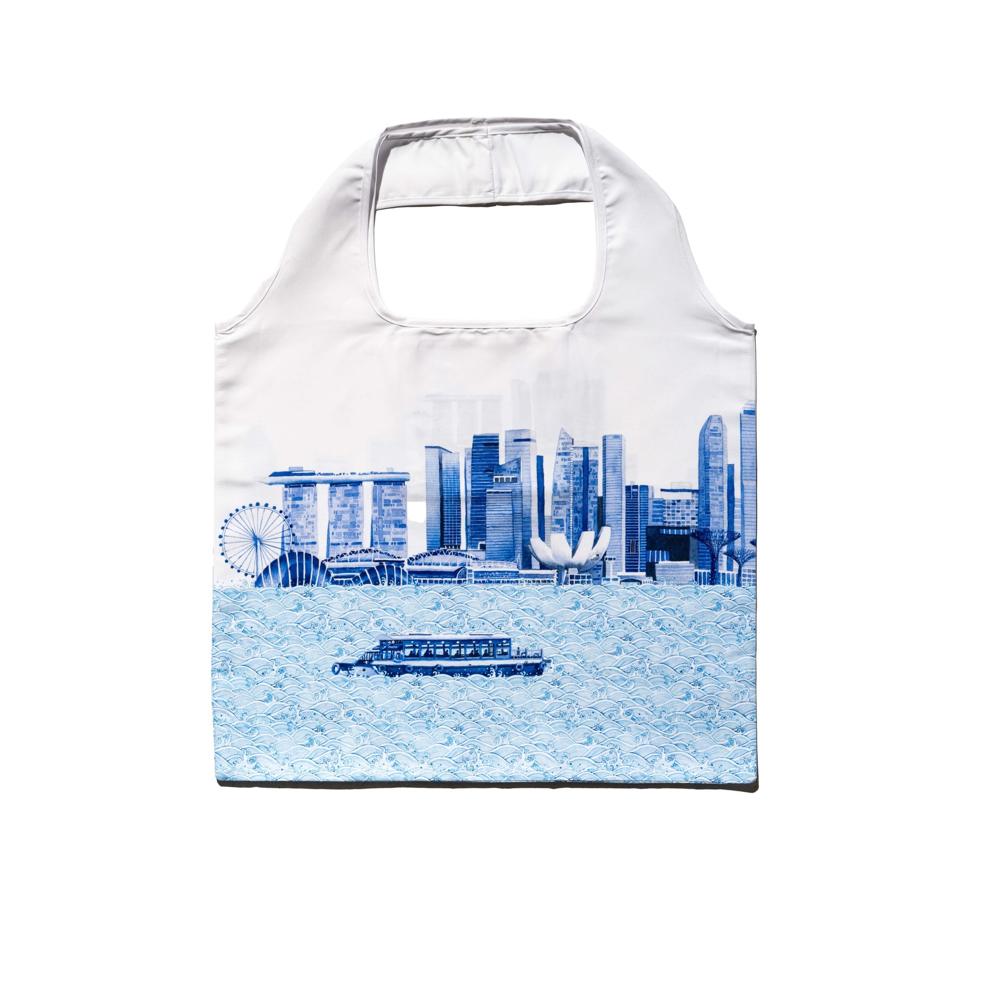 Singlapa white foldable shopping bag with a blue outline design of the Singapore skyline, including famous landmarks and a boat on the water.