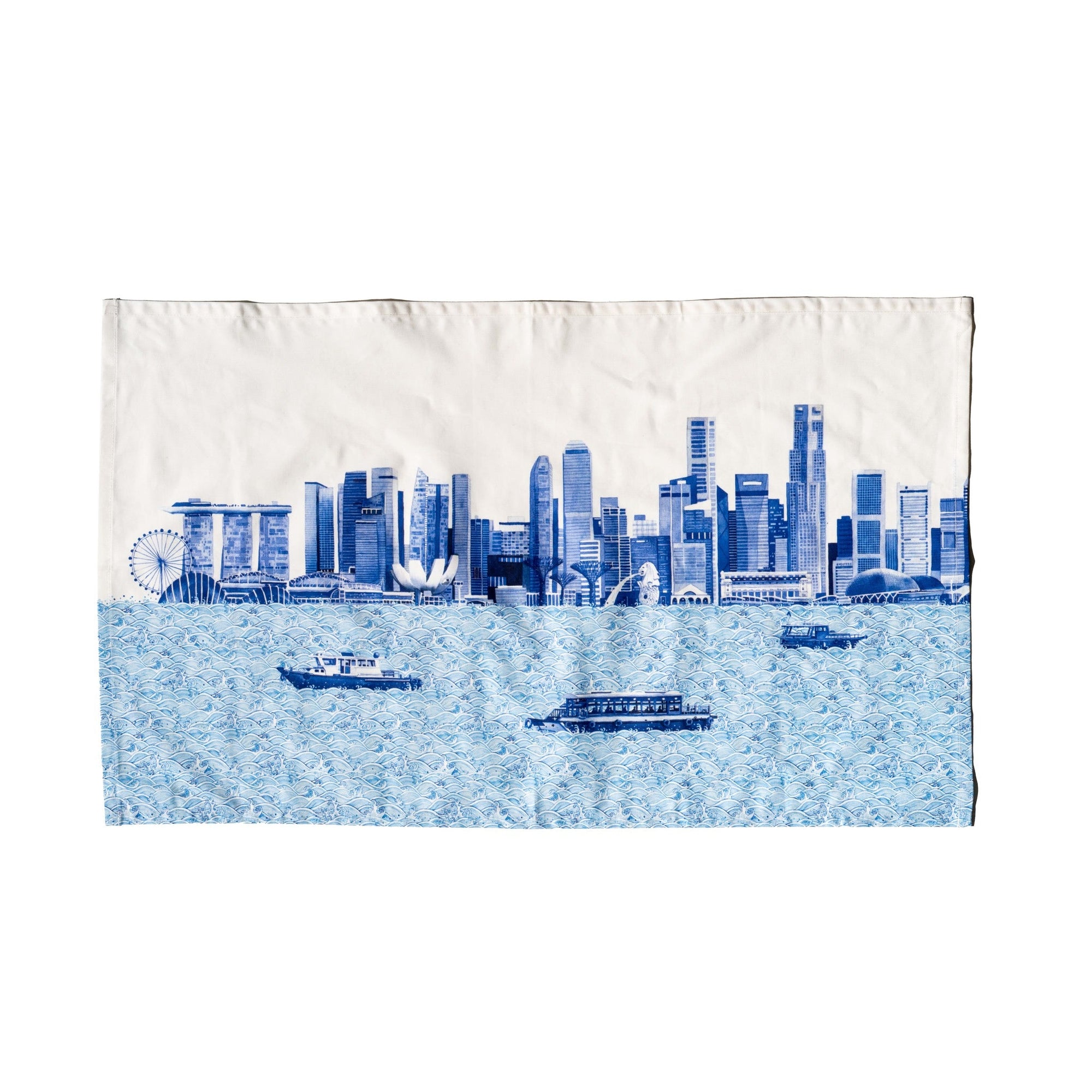 Singlapa tea towel with blue city skyline design on a white background