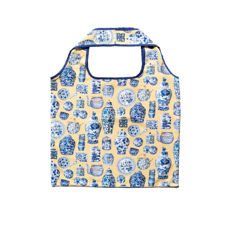 Singlapa yellow foldable shopping bag with blue porcelain antiques.